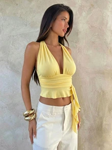 SHEIN Unity Sexy Plunging Neck Ruffle Trim Crisscross Backless Knot Side Crop Tank Top - Yellow - View 3