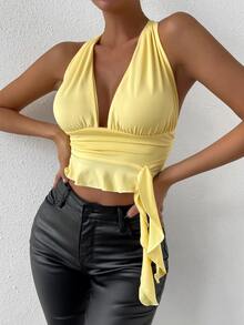 SHEIN Unity Sexy Plunging Neck Ruffle Trim Crisscross Backless Knot Side Crop Tank Top - Yellow - View 7