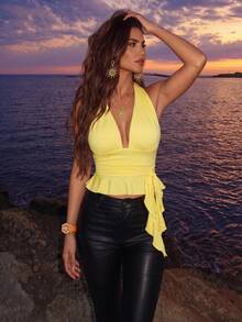 SHEIN Unity Sexy Plunging Neck Ruffle Trim Crisscross Backless Knot Side Crop Tank Top - Yellow - View 5