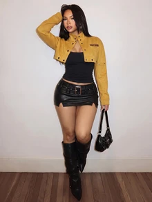 Slaydiva Faux Suede Cropped Cargo Jacket | Mustard Yellow Letter Print Streetwear Coat-A - Yellow - View 3