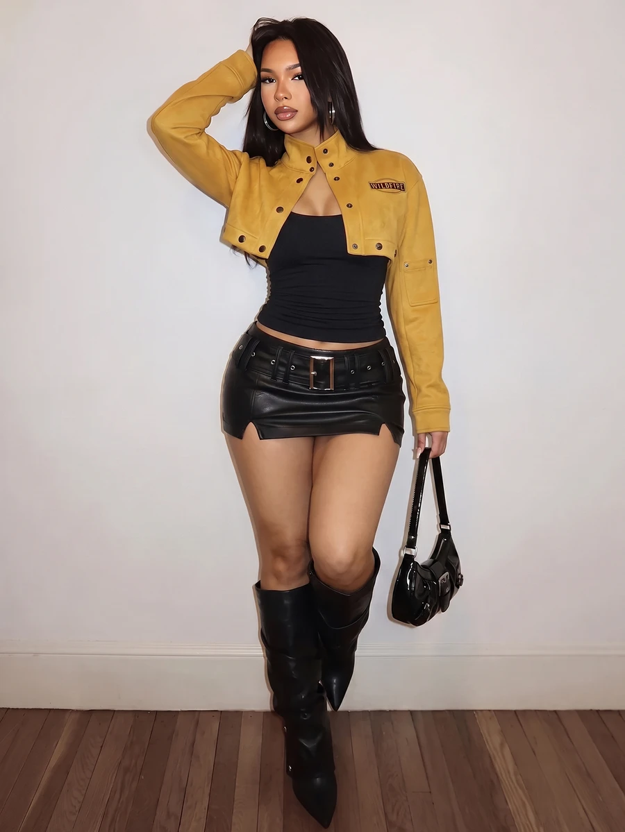 Slaydiva Faux Suede Cropped Cargo Jacket | Mustard Yellow Letter Print Streetwear Coat-A