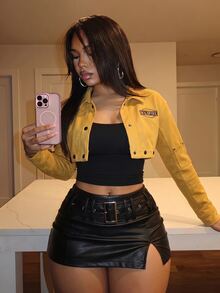 Slaydiva Faux Suede Cropped Cargo Jacket | Mustard Yellow Letter Print Streetwear Coat-A - Yellow - View 1