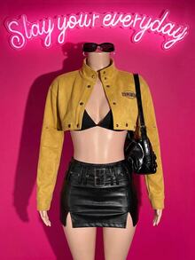 Slaydiva Faux Suede Cropped Cargo Jacket | Mustard Yellow Letter Print Streetwear Coat-A - Yellow - View 5