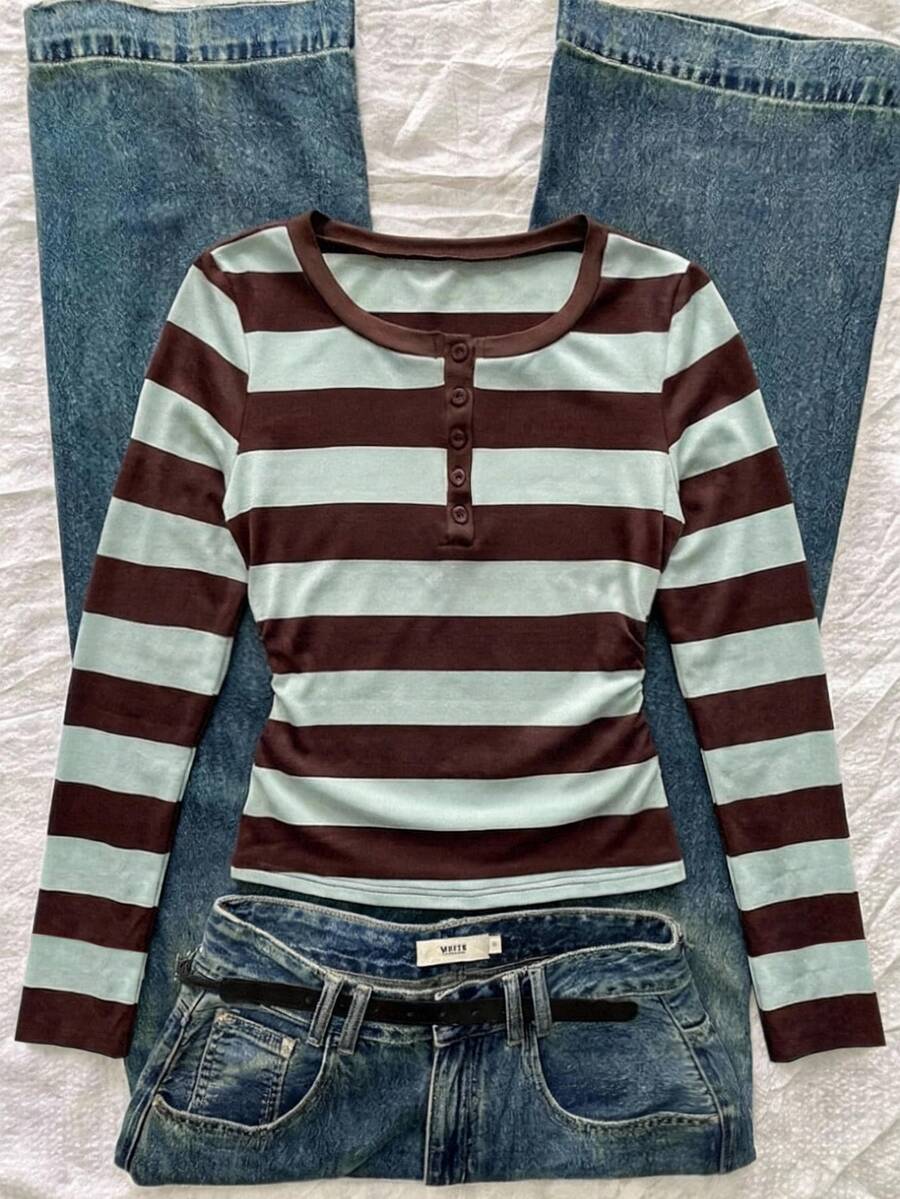 Kids Tween Girl Tween Girls Autumn Teal & Brown Striped Slim Fit T-Shirt, Versatile For Daily Wear And School - Multicolor - View 1