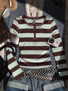 Kids Tween Girl Tween Girls Autumn Teal & Brown Striped Slim Fit T-Shirt, Versatile For Daily Wear And School - Multicolor - View 6