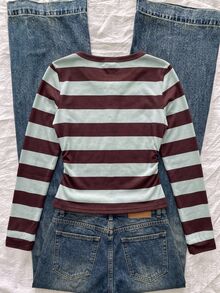 Kids Tween Girl Tween Girls Autumn Teal & Brown Striped Slim Fit T-Shirt, Versatile For Daily Wear And School - Multicolor - View 2