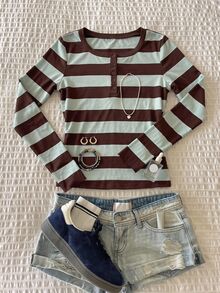 Kids Tween Girl Tween Girls Autumn Teal & Brown Striped Slim Fit T-Shirt, Versatile For Daily Wear And School - Multicolor - View 7