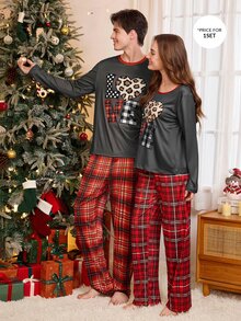 CoupledUp American Retro Gray Heart Print Pajama Set For Women, Red Plaid Wide Leg Pants, 2 Pieces - Grey - View 1