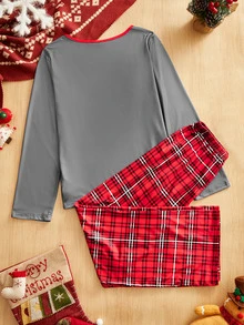 CoupledUp American Retro Gray Heart Print Pajama Set For Women, Red Plaid Wide Leg Pants, 2 Pieces - Grey - View 2