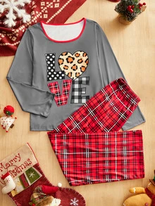 CoupledUp American Retro Gray Heart Print Pajama Set For Women, Red Plaid Wide Leg Pants, 2 Pieces - Grey - View 6