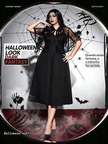 Whyspr Setelan 2 Potong Wanita Ukuran Besar dengan Kerah dan Dasi Motif Jaring Laba-laba, Pesta Halloween, Gaya Gothic/Punk, Subkultur, Pakaian Sehari-hari yang Dipersonalisasi untuk Halloween Goth - Hitam - View 3