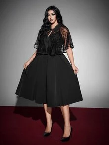 Whyspr Setelan 2 Potong Wanita Ukuran Besar dengan Kerah dan Dasi Motif Jaring Laba-laba, Pesta Halloween, Gaya Gothic/Punk, Subkultur, Pakaian Sehari-hari yang Dipersonalisasi untuk Halloween Goth - Hitam - View 6
