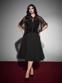 Whyspr Setelan 2 Potong Wanita Ukuran Besar dengan Kerah dan Dasi Motif Jaring Laba-laba, Pesta Halloween, Gaya Gothic/Punk, Subkultur, Pakaian Sehari-hari yang Dipersonalisasi untuk Halloween Goth - Hitam - View 2