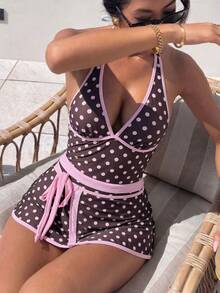 Bonvoyette Spring/Summer New Women's Polka Dot Print Backless Halter One-Piece Swimsuit, Beach Vacation - Pink - View 2