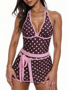 Bonvoyette Spring/Summer New Women's Polka Dot Print Backless Halter One-Piece Swimsuit, Beach Vacation - Pink - View 5