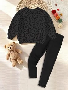 Sweatshirt Leher Bulat untuk Bayi Perempuan Motif Leopard dengan Grafis Huruf Hitam Pink Nyaman untuk Musim Gugur dan Musim Dingin 1 Set - MultiWarna - View 2