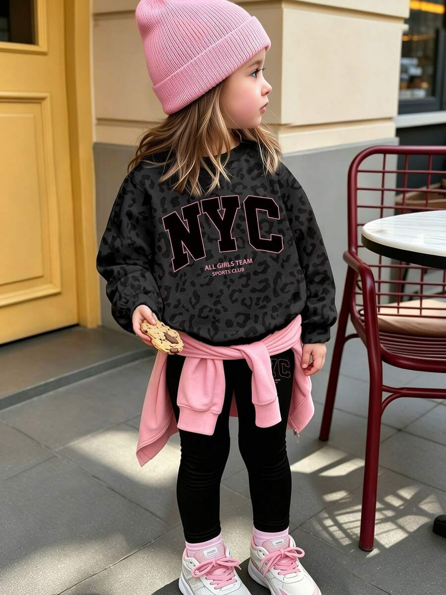 Sweatshirt Leher Bulat untuk Bayi Perempuan Motif Leopard dengan Grafis Huruf Hitam Pink Nyaman untuk Musim Gugur dan Musim Dingin 1 Set - MultiWarna - View 1