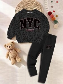 Sweatshirt Leher Bulat untuk Bayi Perempuan Motif Leopard dengan Grafis Huruf Hitam Pink Nyaman untuk Musim Gugur dan Musim Dingin 1 Set - MultiWarna - View 4