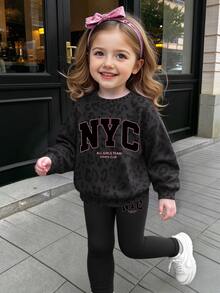 Sweatshirt Leher Bulat untuk Bayi Perempuan Motif Leopard dengan Grafis Huruf Hitam Pink Nyaman untuk Musim Gugur dan Musim Dingin 1 Set - MultiWarna - View 3