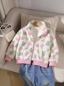 SHEIN 女童柔軟蓬鬆蝴蝶拉鍊毛絨外套 立領 粉色羅紋飾邊 保暖休閒外套 秋季 - 米色 - 查看 6