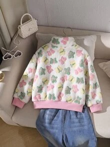 SHEIN 女童柔軟蓬鬆蝴蝶拉鍊毛絨外套 立領 粉色羅紋飾邊 保暖休閒外套 秋季 - 米色 - 查看 3
