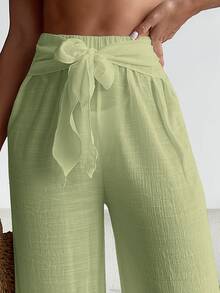 SHEIN Swim بنطلون نسائي كاجوال بتصميم عريض بقدم واسعة مع عقدة - Limelight Green - مشاهدة 8