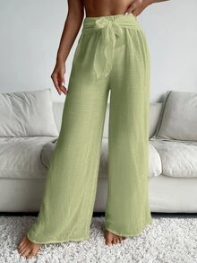 SHEIN Swim بنطلون نسائي كاجوال بتصميم عريض بقدم واسعة مع عقدة - Limelight Green - مشاهدة 6