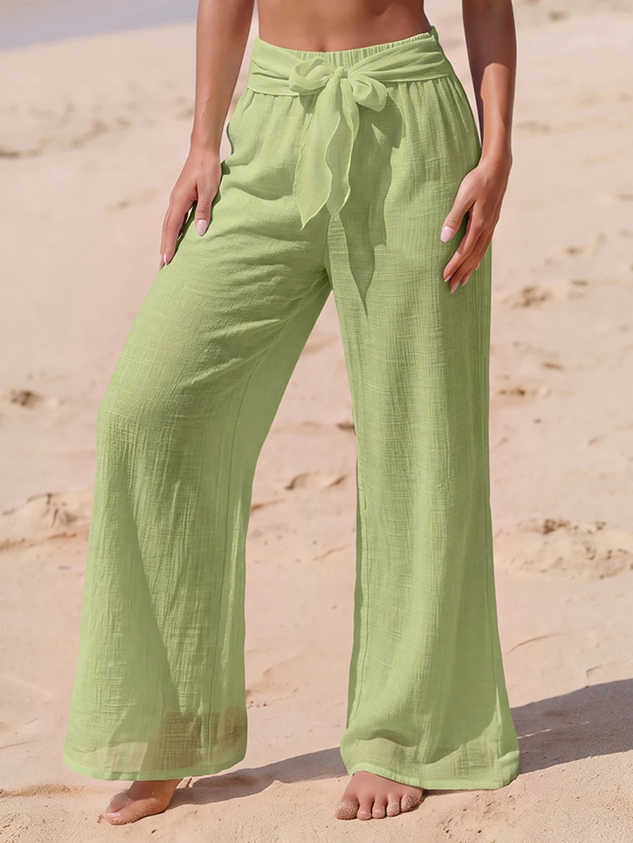 SHEIN Swim بنطلون نسائي كاجوال بتصميم عريض بقدم واسعة مع عقدة - Limelight Green - مشاهدة 1