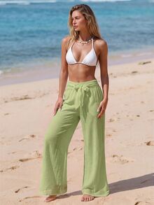 SHEIN Swim بنطلون نسائي كاجوال بتصميم عريض بقدم واسعة مع عقدة - Limelight Green - مشاهدة 4
