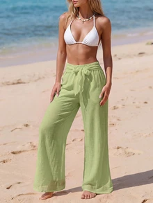 SHEIN Swim بنطلون نسائي كاجوال بتصميم عريض بقدم واسعة مع عقدة - Limelight Green - مشاهدة 3