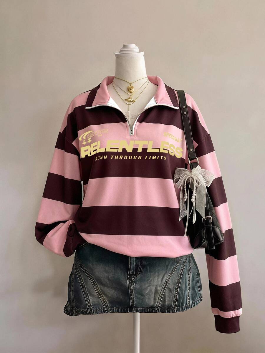 SHEIN EZwear 女款假領休閒極簡運動街頭風百搭派對機場穿搭 Y2K 上衣,數字字母學院風棕色粉色條紋印花圖案,女款秋季服飾,秋季穿搭,女款通勤穿搭,百搭上衣,外出穿搭,機場穿搭 - 彩色 - 查看 1
