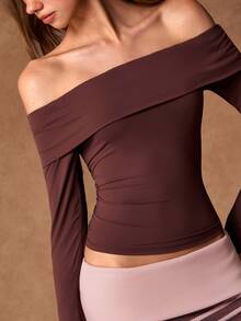 VARSIVA Women's Solid Color Off-Shoulder Long Sleeve Sports T-Shirt - Coffee Brown - View 4