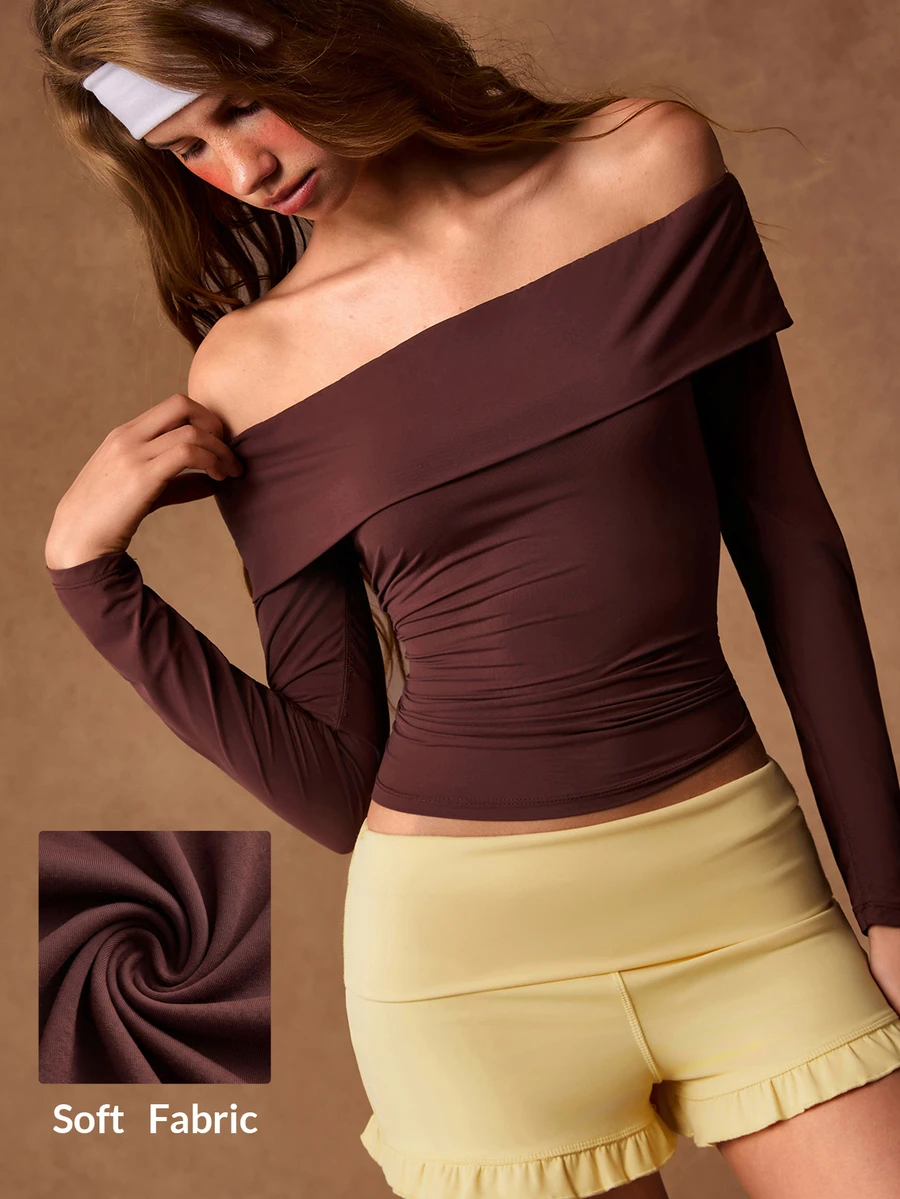 VARSIVA Women's Solid Color Off-Shoulder Long Sleeve Sports T-Shirt - Coffee Brown - View 1