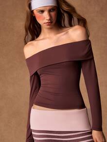 VARSIVA Women's Solid Color Off-Shoulder Long Sleeve Sports T-Shirt - Coffee Brown - View 8