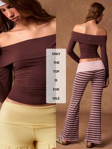 VARSIVA Women's Solid Color Off-Shoulder Long Sleeve Sports T-Shirt - Coffee Brown - View 11