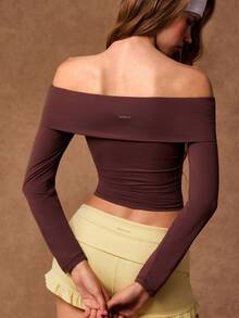 VARSIVA Women's Solid Color Off-Shoulder Long Sleeve Sports T-Shirt - Coffee Brown - View 10
