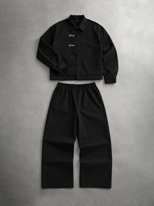 PAVTROS Men's Vintage Jacket Set, Jacket And Elastic Waist Pants Set, American Sports Style, Retro Design, Casual Outfit, Outdoor Activities, Leisure Wear, Holiday Gift - Black - View 3