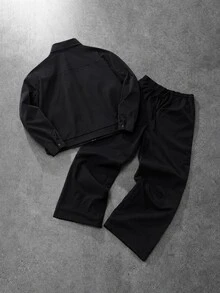 PAVTROS Men's Vintage Jacket Set, Jacket And Elastic Waist Pants Set, American Sports Style, Retro Design, Casual Outfit, Outdoor Activities, Leisure Wear, Holiday Gift - Black - View 2