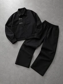 PAVTROS Men's Vintage Jacket Set, Jacket And Elastic Waist Pants Set, American Sports Style, Retro Design, Casual Outfit, Outdoor Activities, Leisure Wear, Holiday Gift - Black - View 1