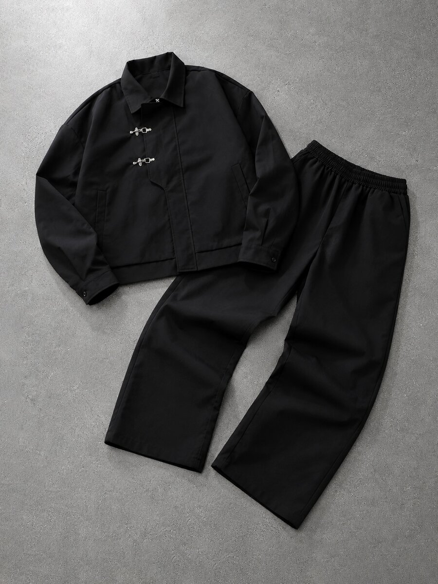 PAVTROS Men's Vintage Jacket Set, Jacket And Elastic Waist Pants Set, American Sports Style, Retro Design, Casual Outfit, Outdoor Activities, Leisure Wear, Holiday Gift - Black - View 1