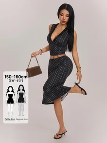 SHEIN PETITE Women's Lace Patchwork V-Neck Cropped Tank Top And Polka Dot Skirt 2 Pieces Set - Black - View 10