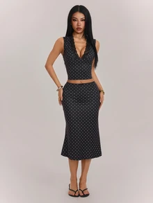 SHEIN PETITE Women's Lace Patchwork V-Neck Cropped Tank Top And Polka Dot Skirt 2 Pieces Set - Black - View 7