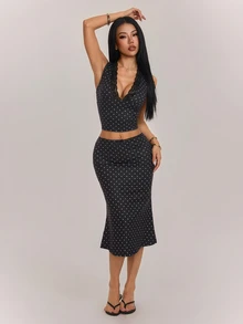 SHEIN PETITE Women's Lace Patchwork V-Neck Cropped Tank Top And Polka Dot Skirt 2 Pieces Set - Black - View 4