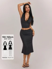 SHEIN PETITE Women's Lace Patchwork V-Neck Cropped Tank Top And Polka Dot Skirt 2 Pieces Set - Black - View 9