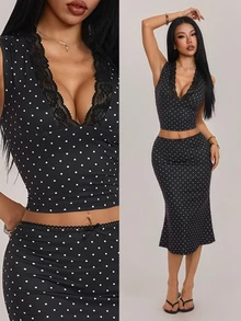 SHEIN PETITE Women's Lace Patchwork V-Neck Cropped Tank Top And Polka Dot Skirt 2 Pieces Set - Black - View 1