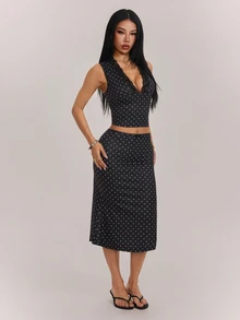 SHEIN PETITE Women's Lace Patchwork V-Neck Cropped Tank Top And Polka Dot Skirt 2 Pieces Set - Black - View 6