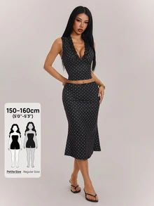 SHEIN PETITE Women's Lace Patchwork V-Neck Cropped Tank Top And Polka Dot Skirt 2 Pieces Set - Black - View 8