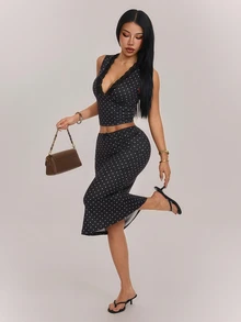SHEIN PETITE Women's Lace Patchwork V-Neck Cropped Tank Top And Polka Dot Skirt 2 Pieces Set - Black - View 3