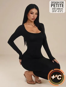 SHEIN PETITE 女款方領修身黑色長版性感優雅洋裝 - 黑色 - 查看 10