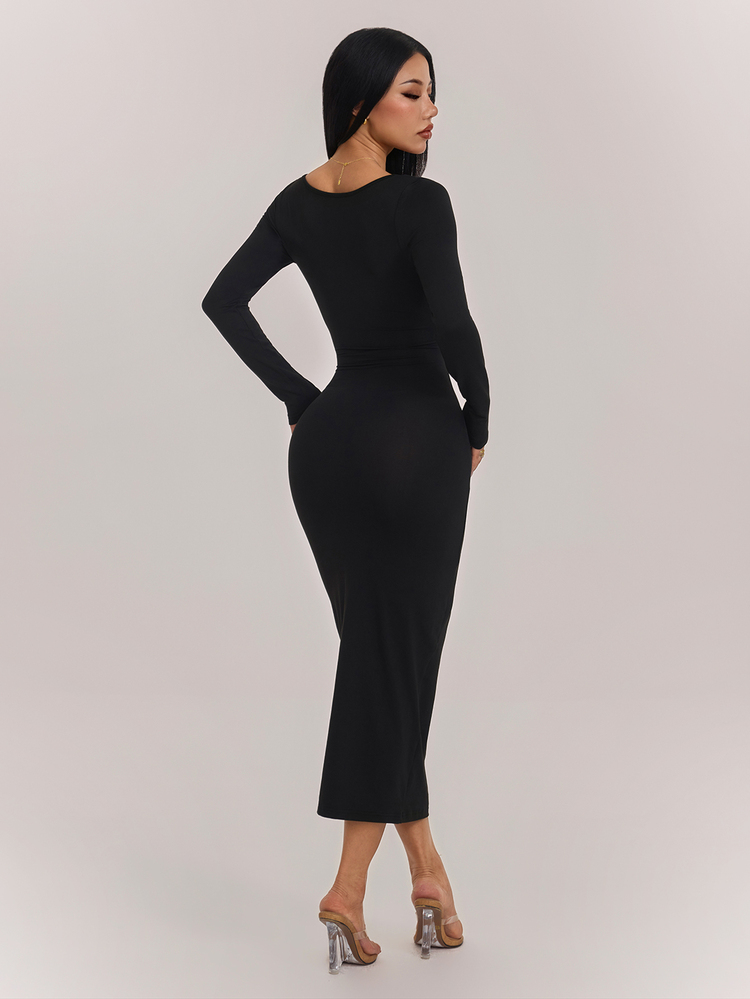 SHEIN PETITE Women's Square Neck Fitted Black Long Sexy Elegant Dress - Black - View 2